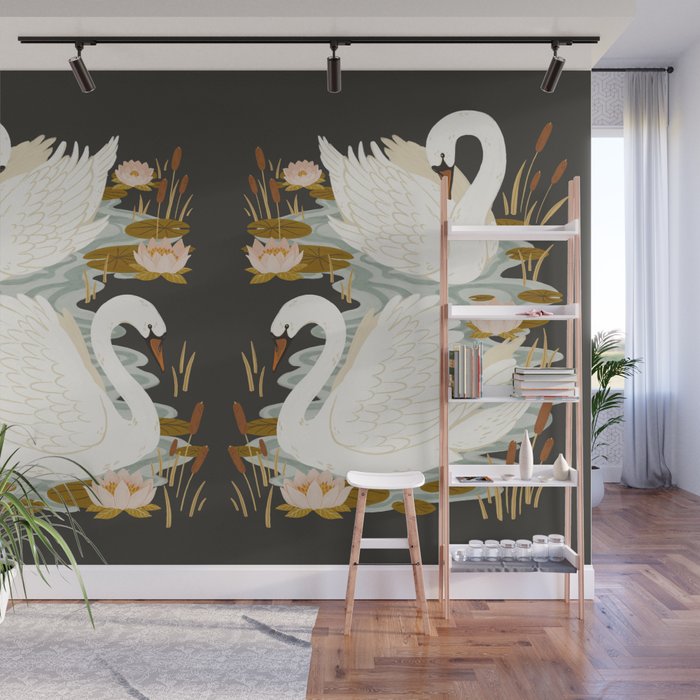 Swan Dance - Charcoal Black Background Wall Mural Gallery Image 1