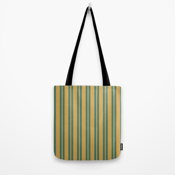 Classic Double Stripe Vertical Pattern in Teal Green and Ochre Mustard Tote Bag Gallery Image 2