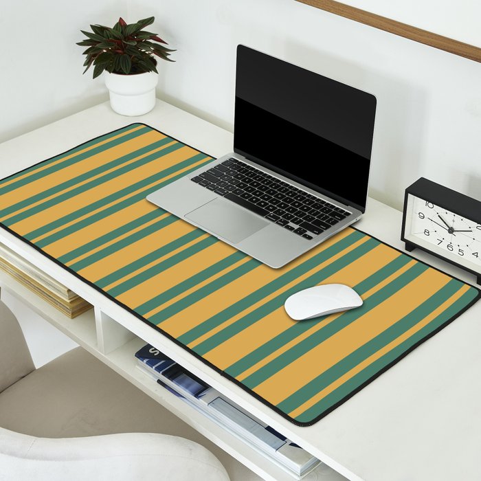 Classic Double Stripe Vertical Pattern in Teal Green and Ochre Mustard Desk Mat Gallery Image 2