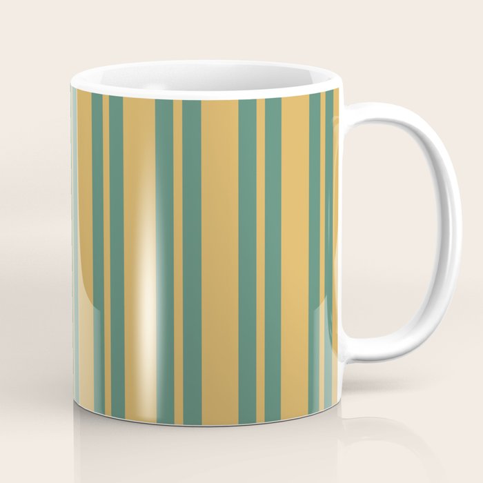 Classic Double Stripe Vertical Pattern in Teal Green and Ochre Mustard Coffee Mug Gallery Image 1