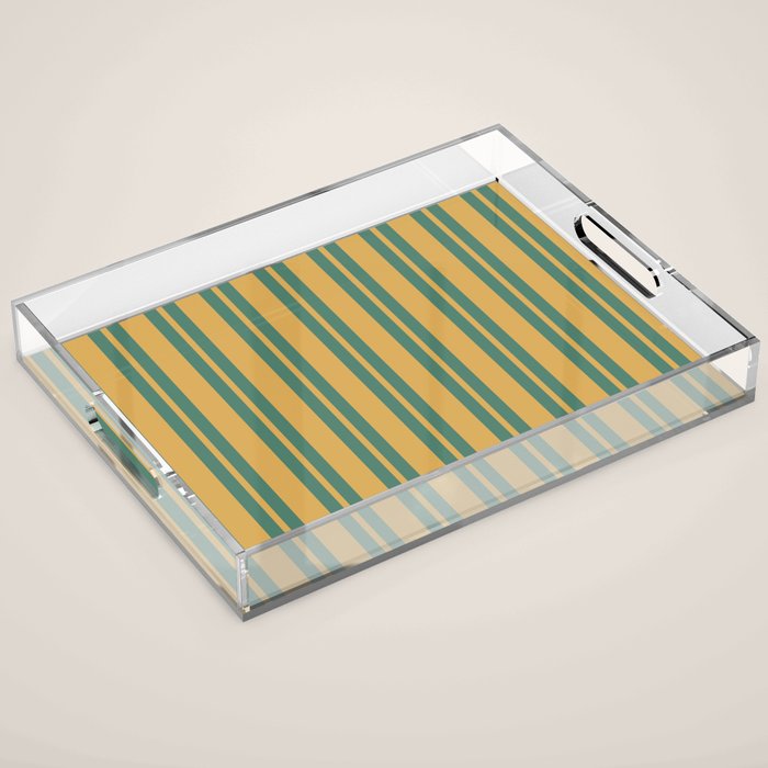 Classic Double Stripe Vertical Pattern in Teal Green and Ochre Mustard Acrylic Tray Gallery Image 1