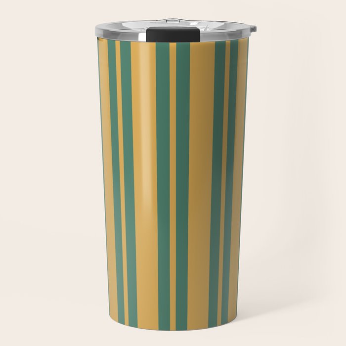 Classic Double Stripe Vertical Pattern in Teal Green and Ochre Mustard Travel Mug Gallery Image 1