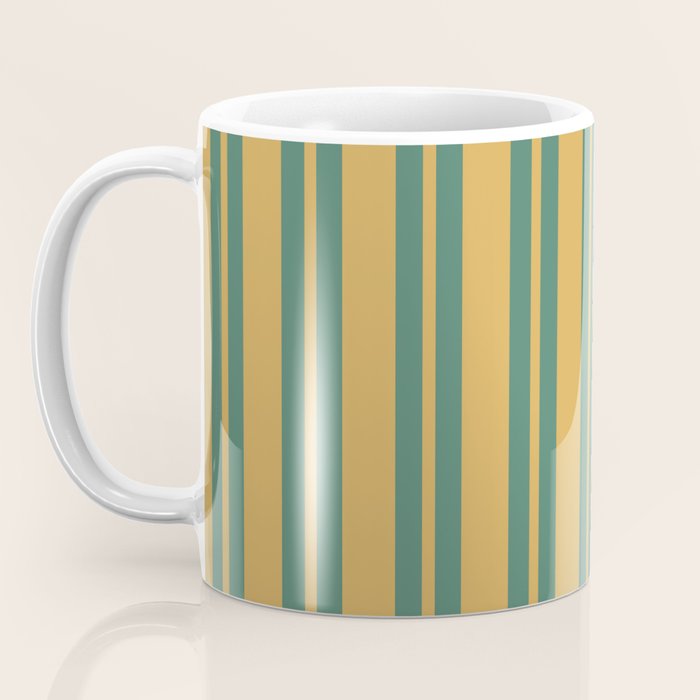 Classic Double Stripe Vertical Pattern in Teal Green and Ochre Mustard Coffee Mug Gallery Image 3