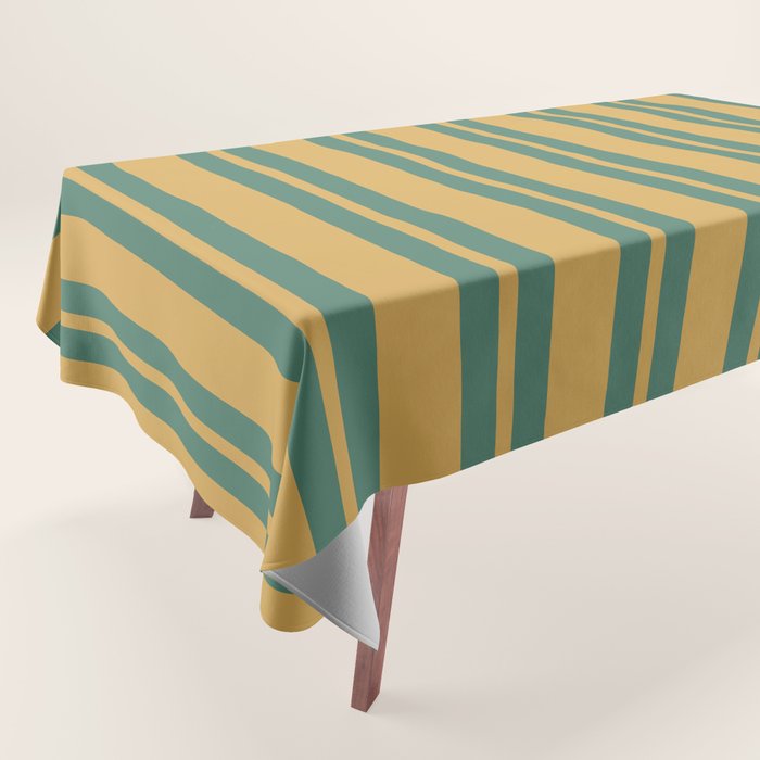 Classic Double Stripe Vertical Pattern in Teal Green and Ochre Mustard Tablecloth Gallery Image 1