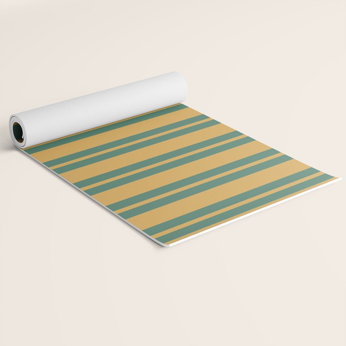 Classic Double Stripe Vertical Pattern in Teal Green and Ochre Mustard Yoga Mat Gallery Image 2