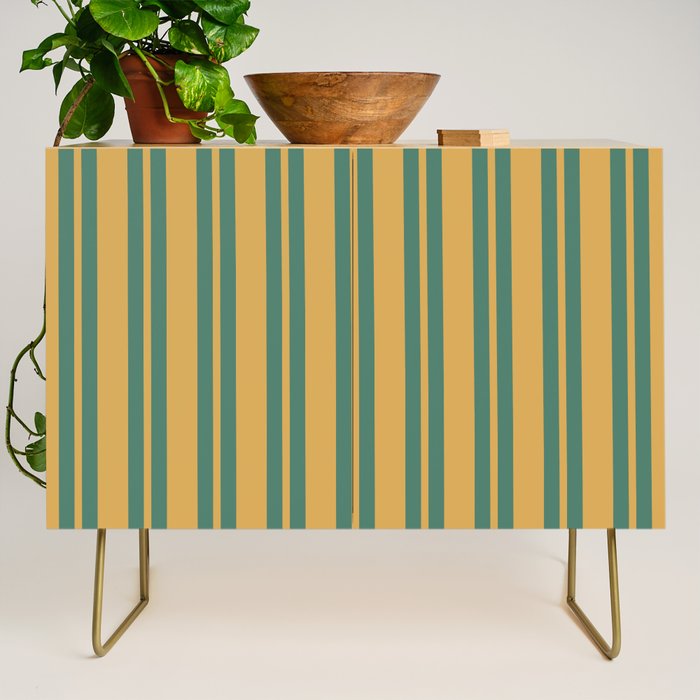 Classic Double Stripe Vertical Pattern in Teal Green and Ochre Mustard Credenza Gallery Image 1