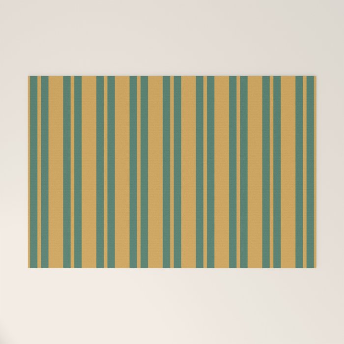 Classic Double Stripe Vertical Pattern in Teal Green and Ochre Mustard Welcome Mat Gallery Image 1