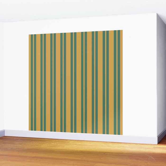 Classic Double Stripe Vertical Pattern in Teal Green and Ochre Mustard Wall Mural Gallery Image 2