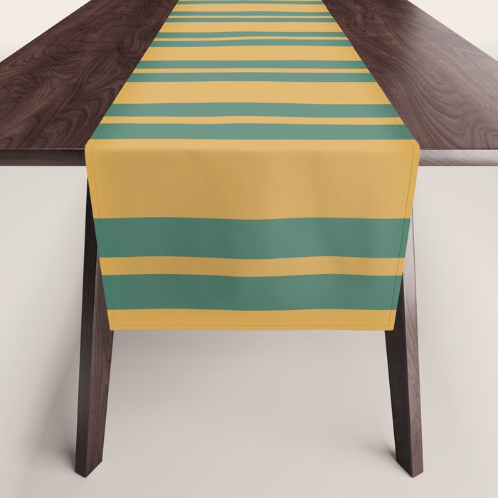 Classic Double Stripe Vertical Pattern in Teal Green and Ochre Mustard Table Runner Gallery Image 1