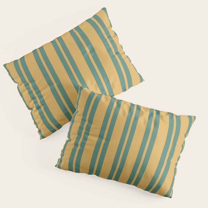 Classic Double Stripe Vertical Pattern in Teal Green and Ochre Mustard Pillow Sham Gallery Image 3