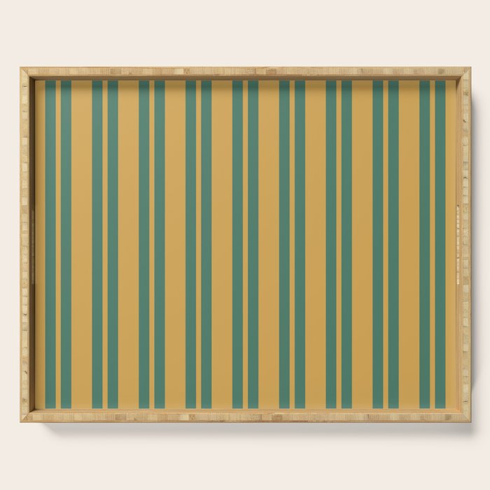 Classic Double Stripe Vertical Pattern in Teal Green and Ochre Mustard Serving Tray Gallery Image 1