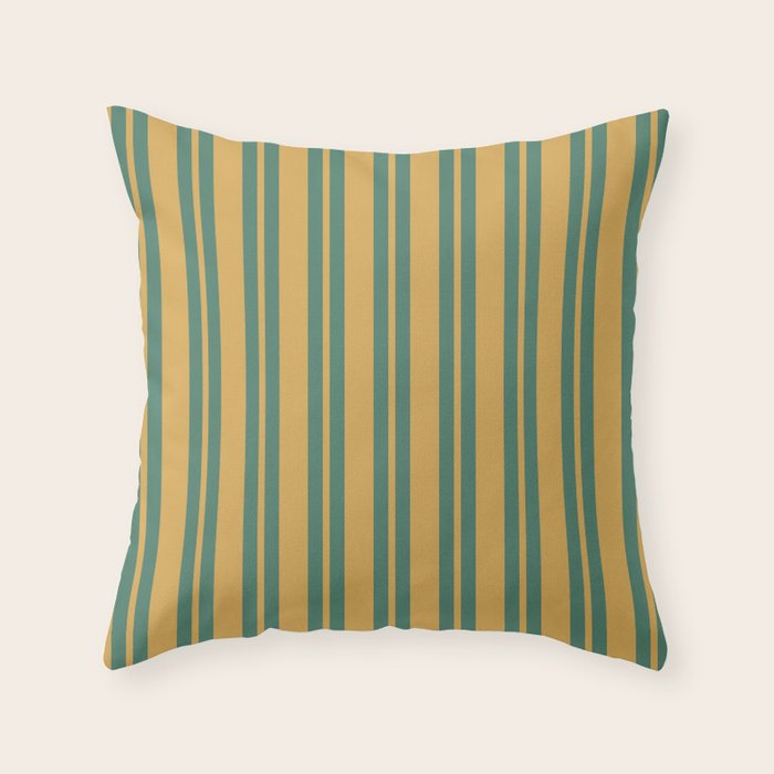 Classic Double Stripe Vertical Pattern in Teal Green and Ochre Mustard Throw Pillow Gallery Image 1