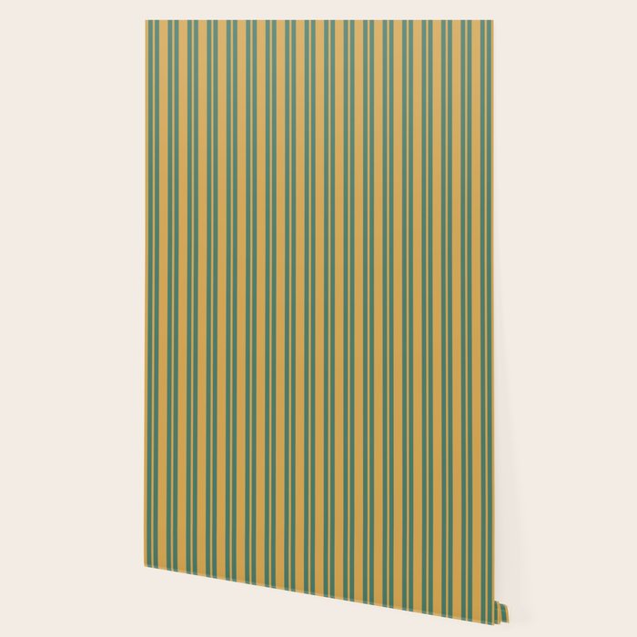 Classic Double Stripe Vertical Pattern in Teal Green and Ochre Mustard Wallpaper Gallery Image 2