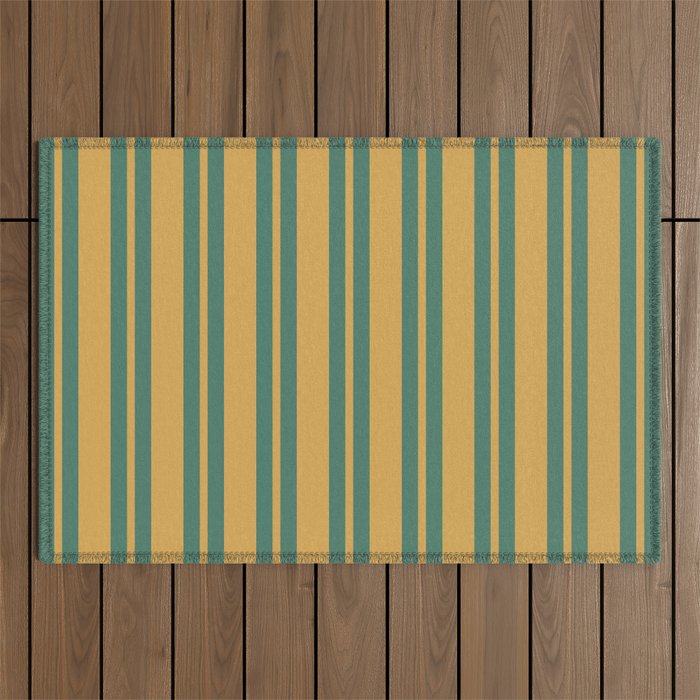 Classic Double Stripe Vertical Pattern in Teal Green and Ochre Mustard Outdoor Rug Gallery Image 1