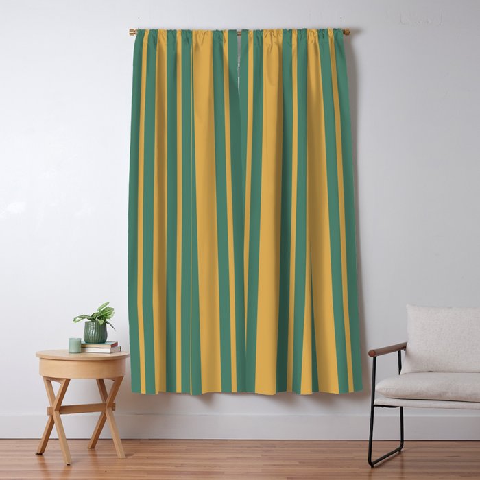 Classic Double Stripe Vertical Pattern in Teal Green and Ochre Mustard Window Curtain Gallery Image 1