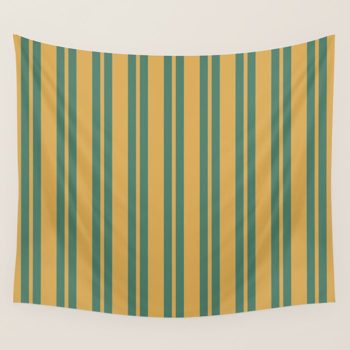 Classic Double Stripe Vertical Pattern in Teal Green and Ochre Mustard Wall Tapestry Gallery Image 1
