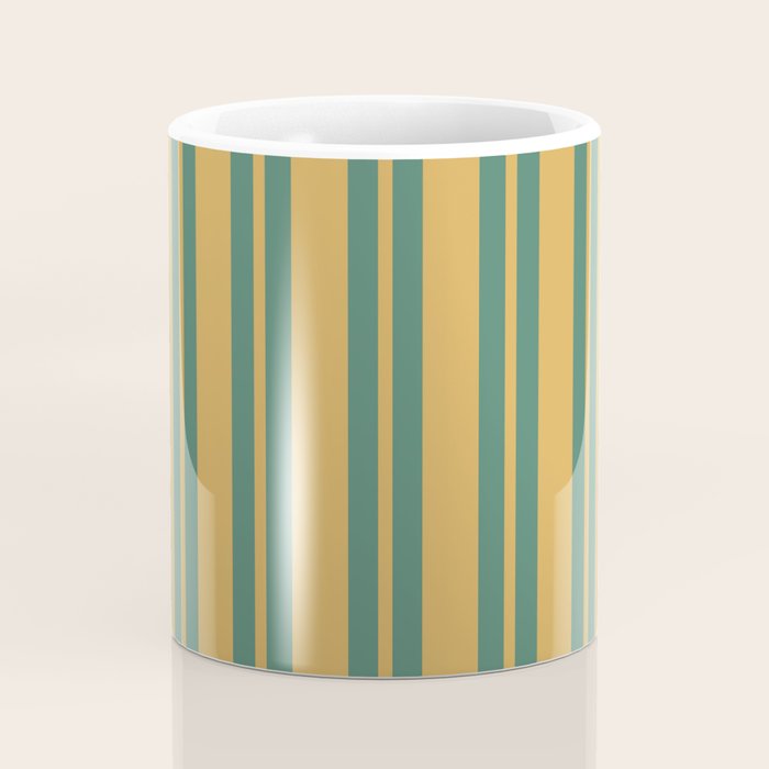 Classic Double Stripe Vertical Pattern in Teal Green and Ochre Mustard Coffee Mug Gallery Image 4