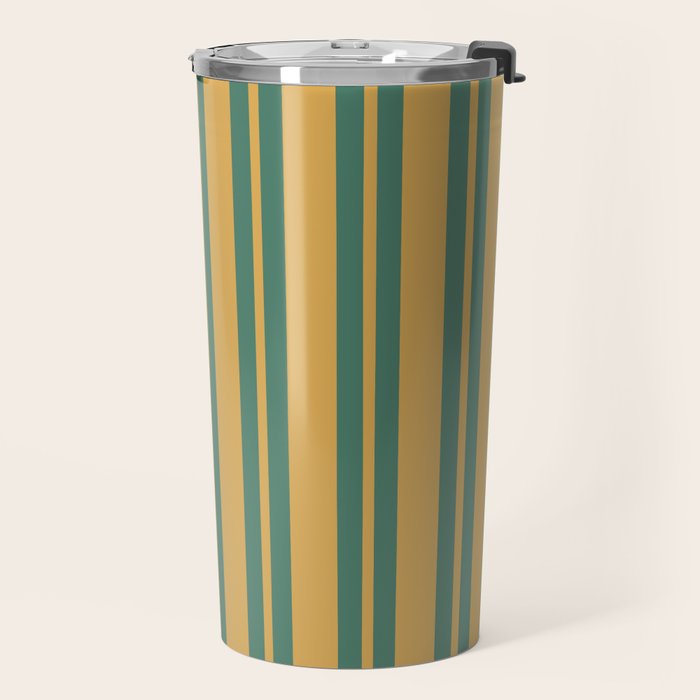 Classic Double Stripe Vertical Pattern in Teal Green and Ochre Mustard Travel Mug Gallery Image 2