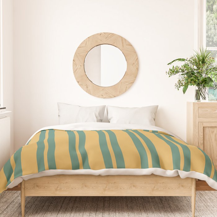 Classic Double Stripe Vertical Pattern in Teal Green and Ochre Mustard Duvet Cover Gallery Image 3