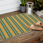 Classic Double Stripe Vertical Pattern in Teal Green and Ochre Mustard Outdoor Rug Gallery Image 2