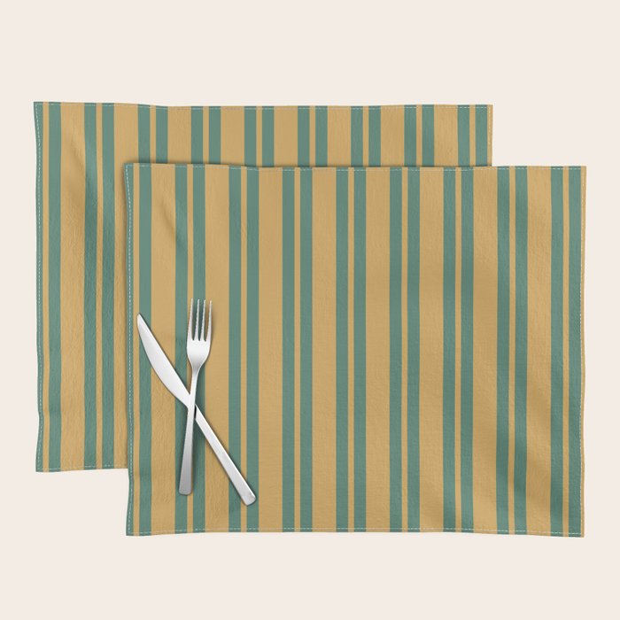 Classic Double Stripe Vertical Pattern in Teal Green and Ochre Mustard Placemat Gallery Image 1