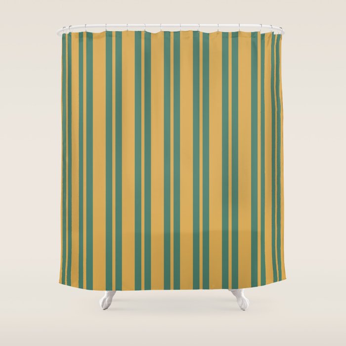 Classic Double Stripe Vertical Pattern in Teal Green and Ochre Mustard Shower Curtain Gallery Image 1