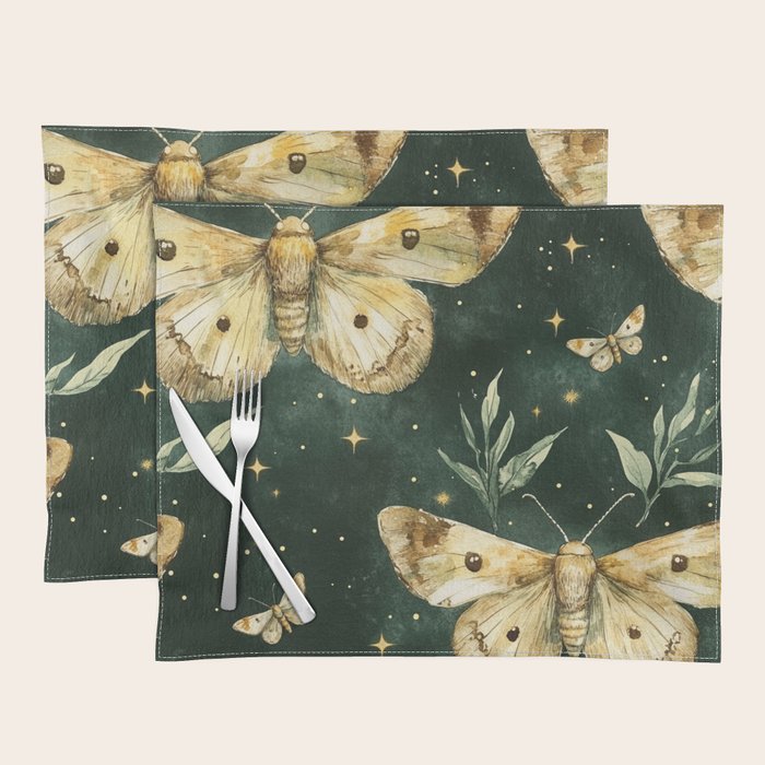 Large Watercolor Moths on Dark Green Background Placemat Gallery Image 1