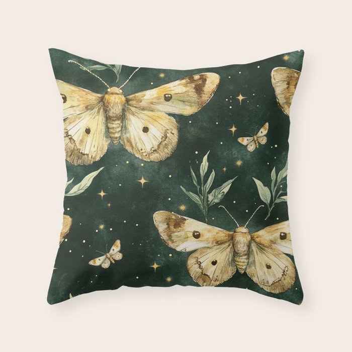 Large Watercolor Moths on Dark Green Background Throw Pillow Gallery Image 6
