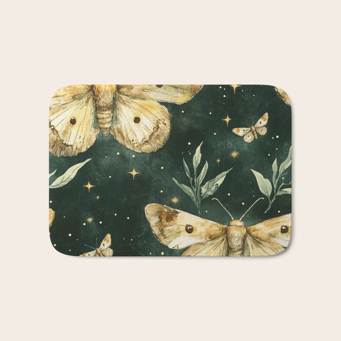Large Watercolor Moths on Dark Green Background Bath Mat Gallery Image 1