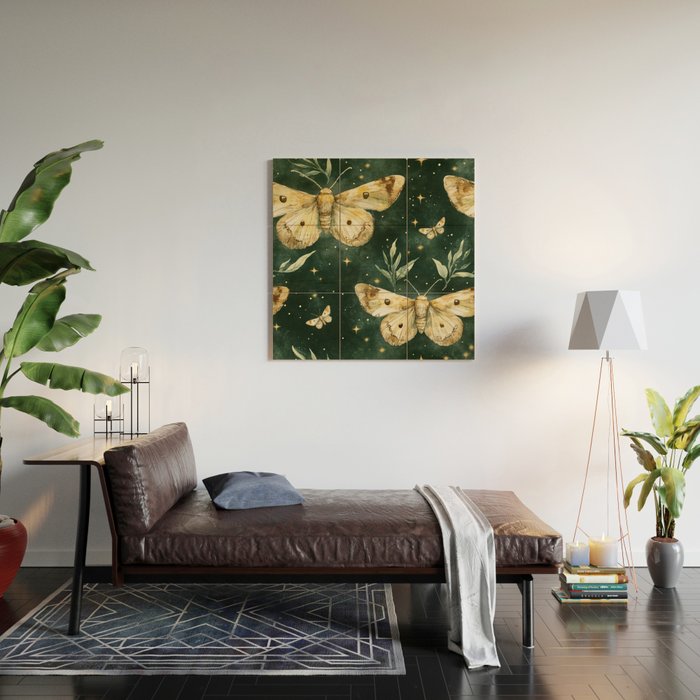 Large Watercolor Moths on Dark Green Background Wood Wall Art Gallery Image 2