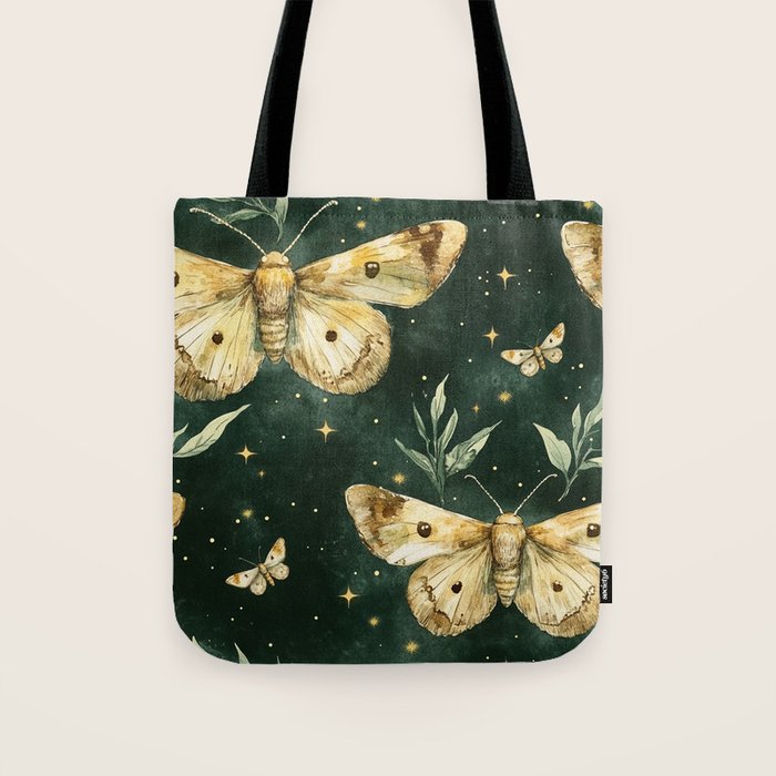 Large Watercolor Moths on Dark Green Background Tote Bag Gallery Image 1