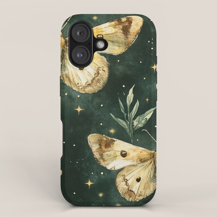 Large Watercolor Moths on Dark Green Background iPhone Case Gallery Image 1