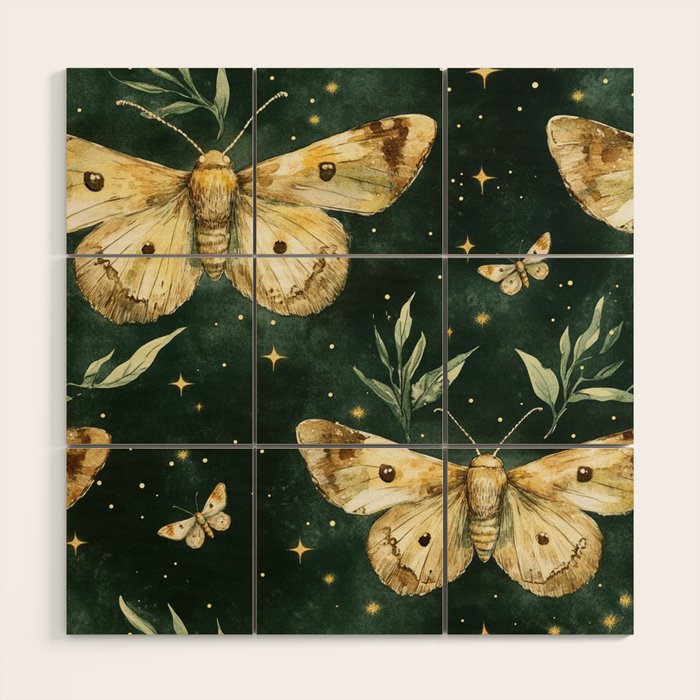 Large Watercolor Moths on Dark Green Background Wood Wall Art Gallery Image 1