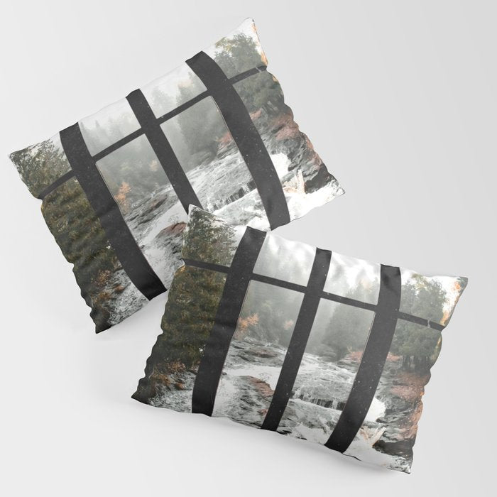 Window to the Waterfall and Forest | Foggy Forest Landscape in Autumn Pillow Sham Gallery Image 3
