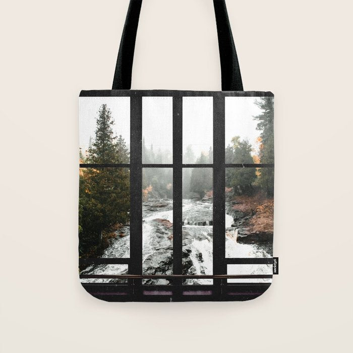 Window to the Waterfall and Forest | Foggy Forest Landscape in Autumn Tote Bag Gallery Image 1