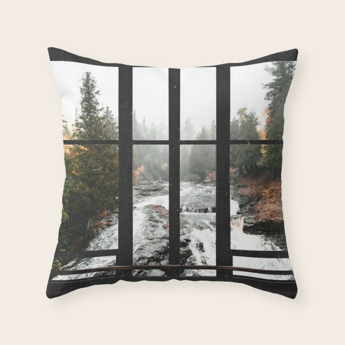 Window to the Waterfall and Forest | Foggy Forest Landscape in Autumn Throw Pillow Gallery Image 1