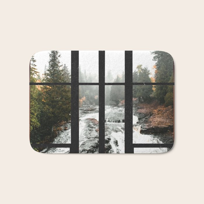 Window to the Waterfall and Forest | Foggy Forest Landscape in Autumn Bath Mat Gallery Image 1