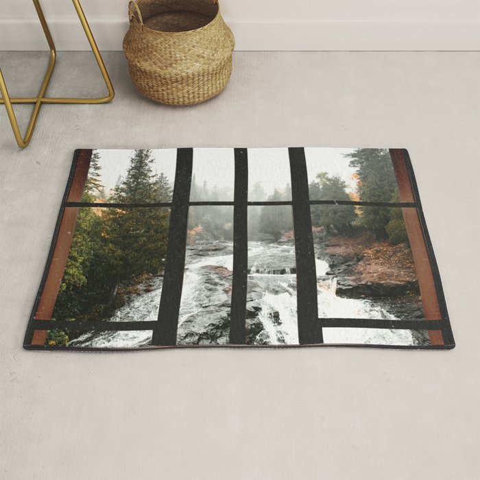 Window to the Waterfall and Forest | Foggy Forest Landscape in Autumn Rug Gallery Image 1