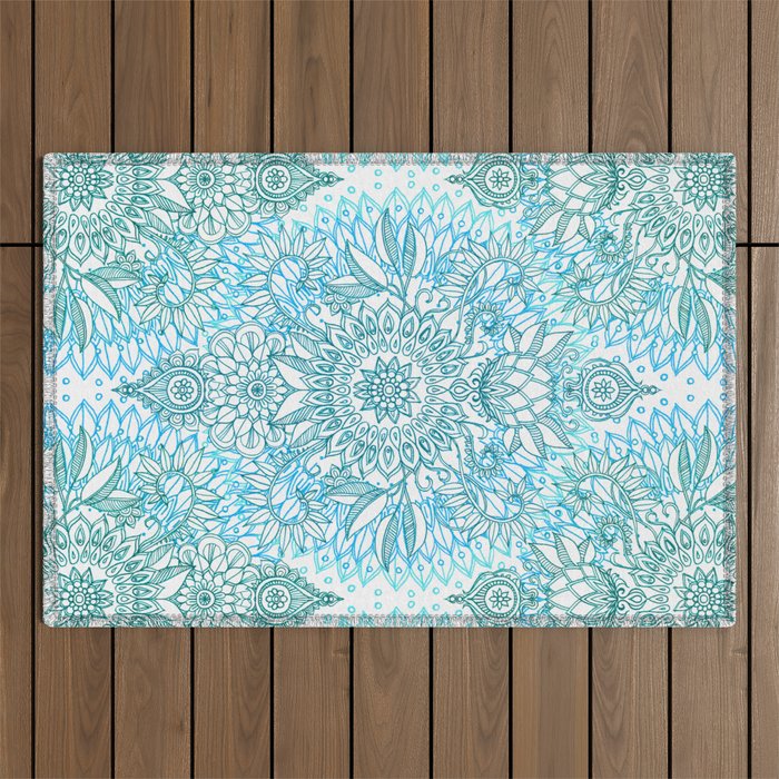 Turquoise Blue, Teal & White Protea Doodle Pattern Outdoor Rug Gallery Image 1