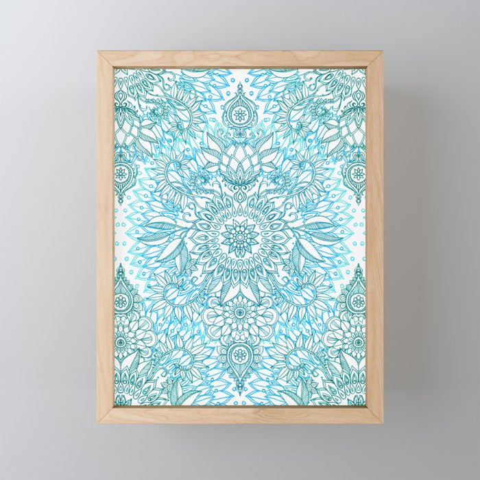 Turquoise Blue, Teal & White Protea Doodle Pattern Mini Art Print Gallery Image 1