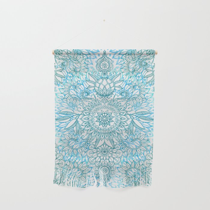 Turquoise Blue, Teal & White Protea Doodle Pattern Wall Hanging Gallery Image 1