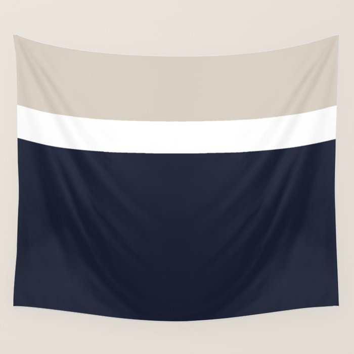 Simple Minimalist Color Block Pattern - Mid Striped Solid Light Mushroom Beige White Deep Navy Blue Wall Tapestry Gallery Image 4
