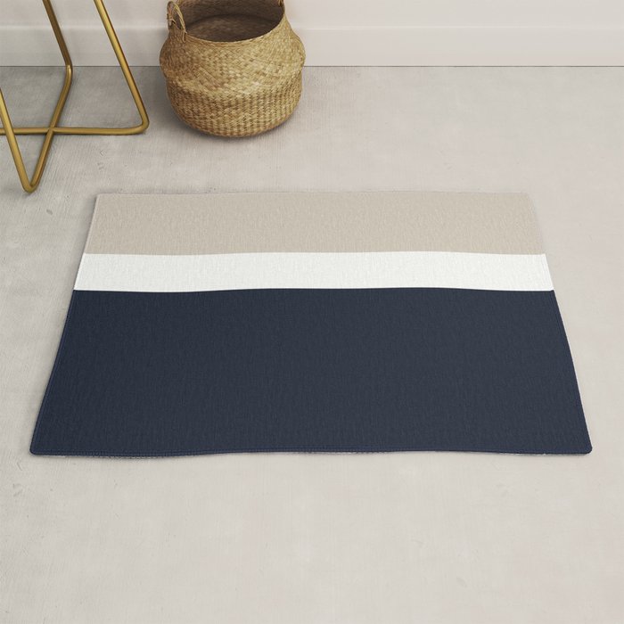 Simple Minimalist Color Block Pattern - Mid Striped Solid Light Mushroom Beige White Deep Navy Blue Rug Gallery Image 1