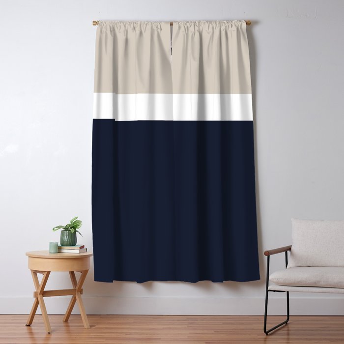 Simple Minimalist Color Block Pattern - Mid Striped Solid Light Mushroom Beige White Deep Navy Blue Window Curtain Gallery Image 5