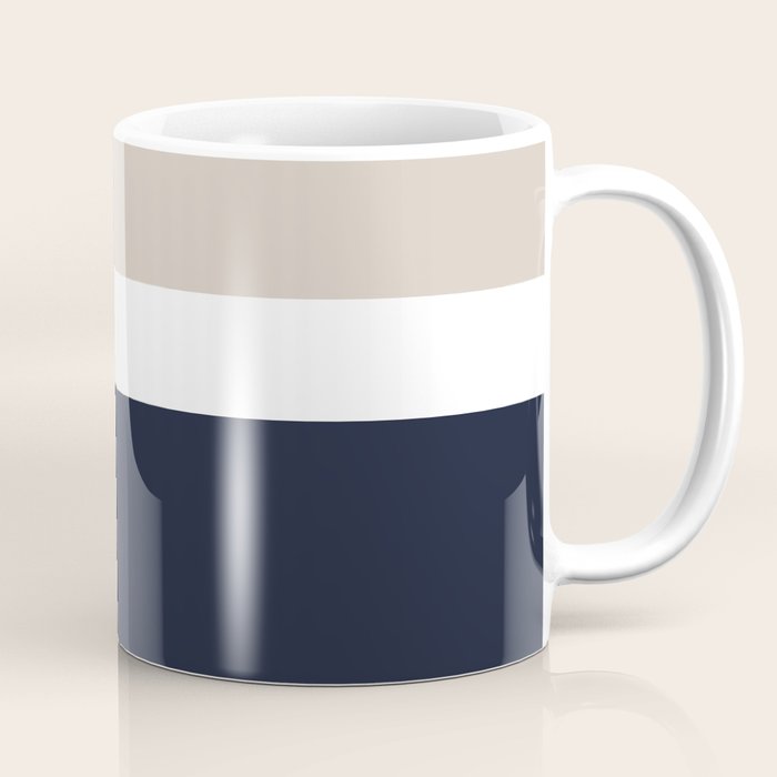 Simple Minimalist Color Block Pattern - Mid Striped Solid Light Mushroom Beige White Deep Navy Blue Coffee Mug Gallery Image 1