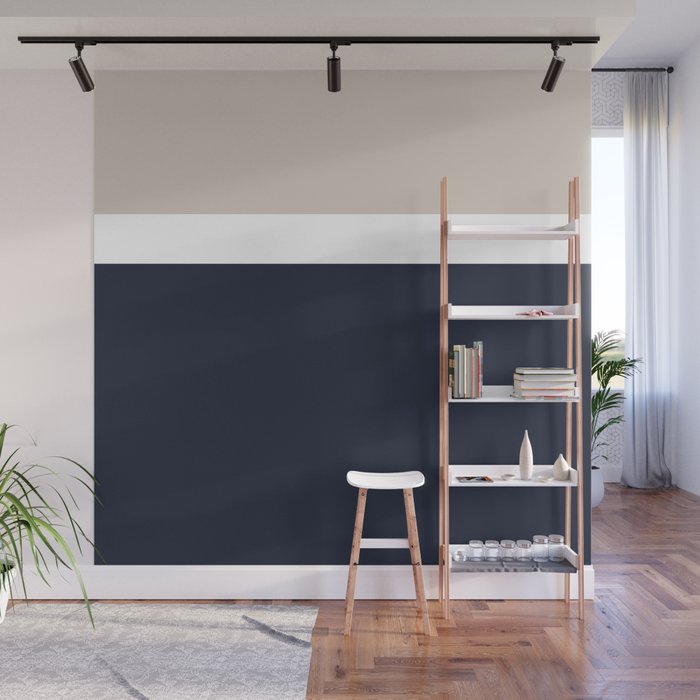 Simple Minimalist Color Block Pattern - Mid Striped Solid Light Mushroom Beige White Deep Navy Blue Wall Mural Gallery Image 1