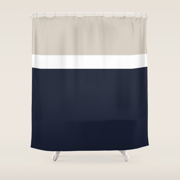 Simple Minimalist Color Block Pattern - Mid Striped Solid Light Mushroom Beige White Deep Navy Blue Shower Curtain Gallery Image 1
