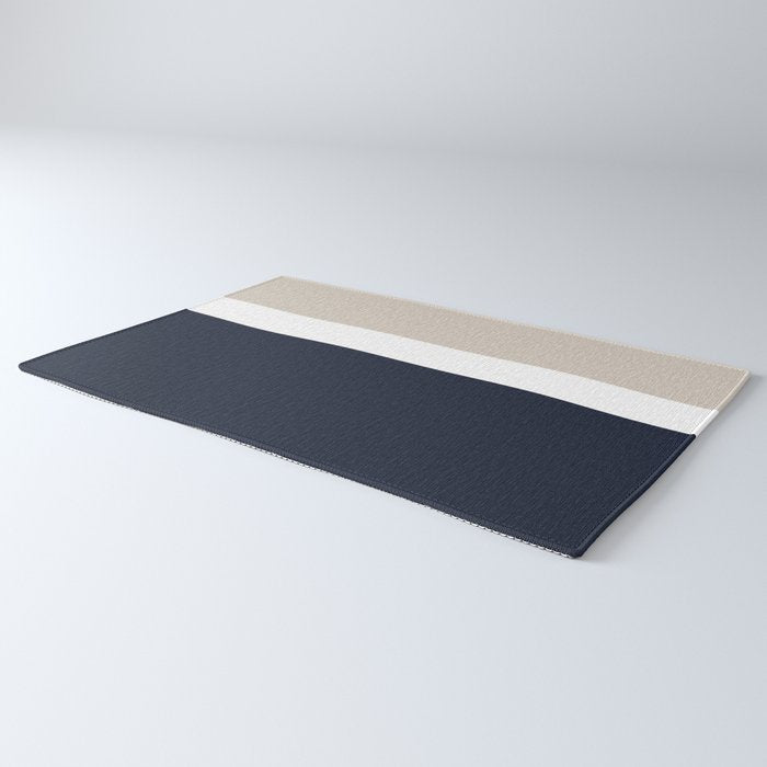 Simple Minimalist Color Block Pattern - Mid Striped Solid Light Mushroom Beige White Deep Navy Blue Rug Gallery Image 3