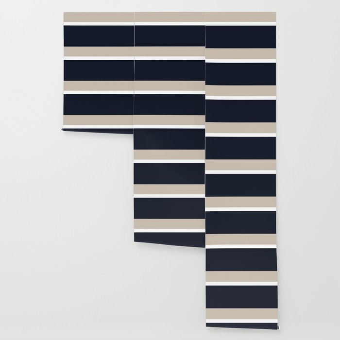 Simple Minimalist Color Block Pattern - Mid Striped Solid Light Mushroom Beige White Deep Navy Blue Wallpaper Gallery Image 3