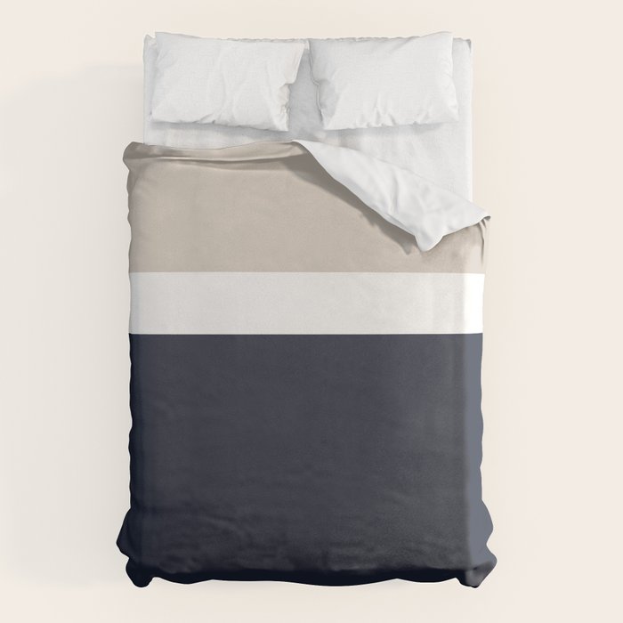Simple Minimalist Color Block Pattern - Mid Striped Solid Light Mushroom Beige White Deep Navy Blue Duvet Cover Gallery Image 6